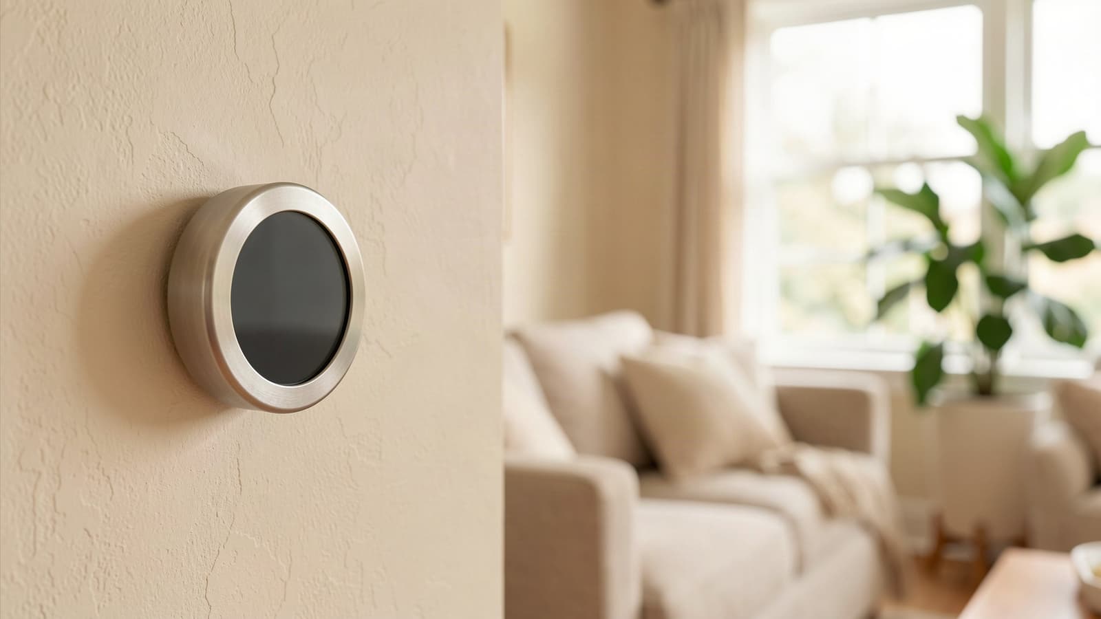 A round thermostat on a living room wall, with a sofa and a sunny window in the background.