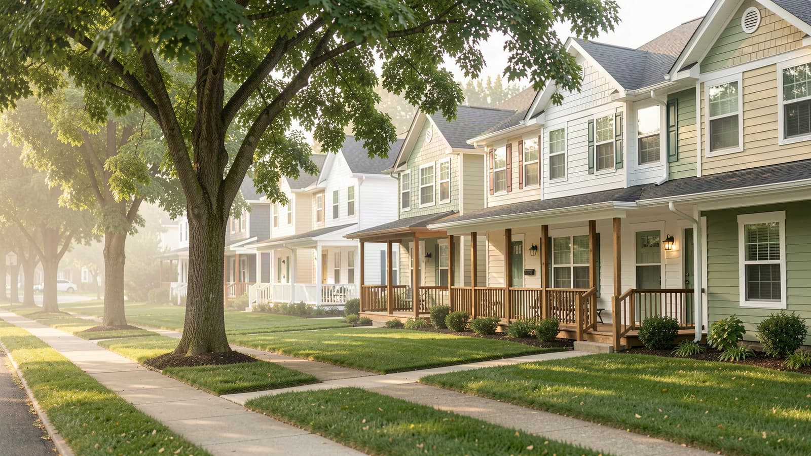 A row of houses with front porches and green lawns along a tree lined street in morning light.