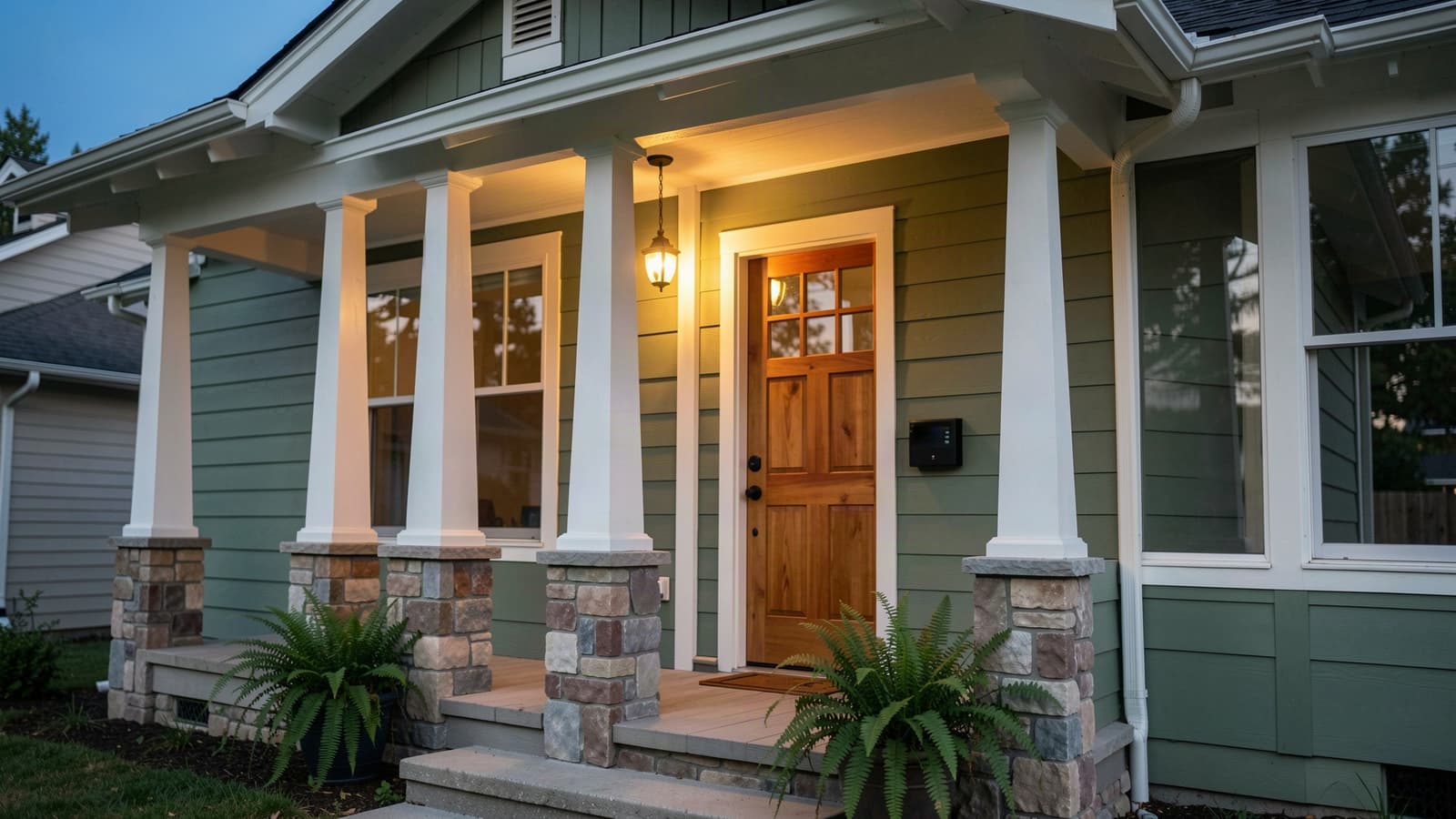 The front porch of a craftsman home in the evening, with stone column bases, a lit porch lantern, and a keypad beside the wood front door.