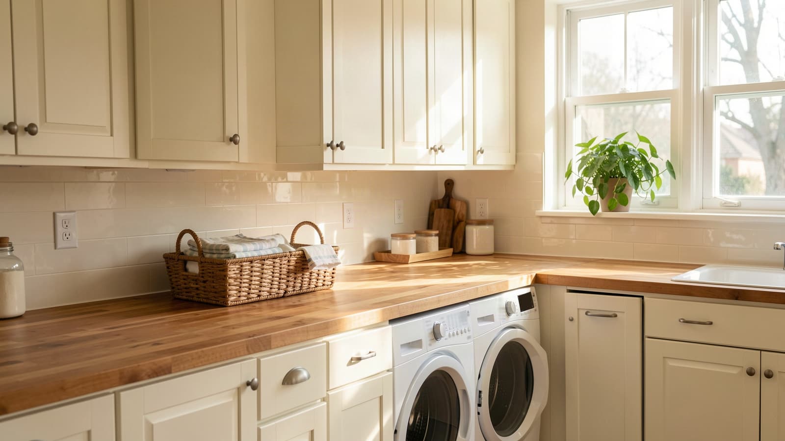 A sunny kitchen with cream cabinets, a butcher block counter, and a washer and dryer tucked under the counter.